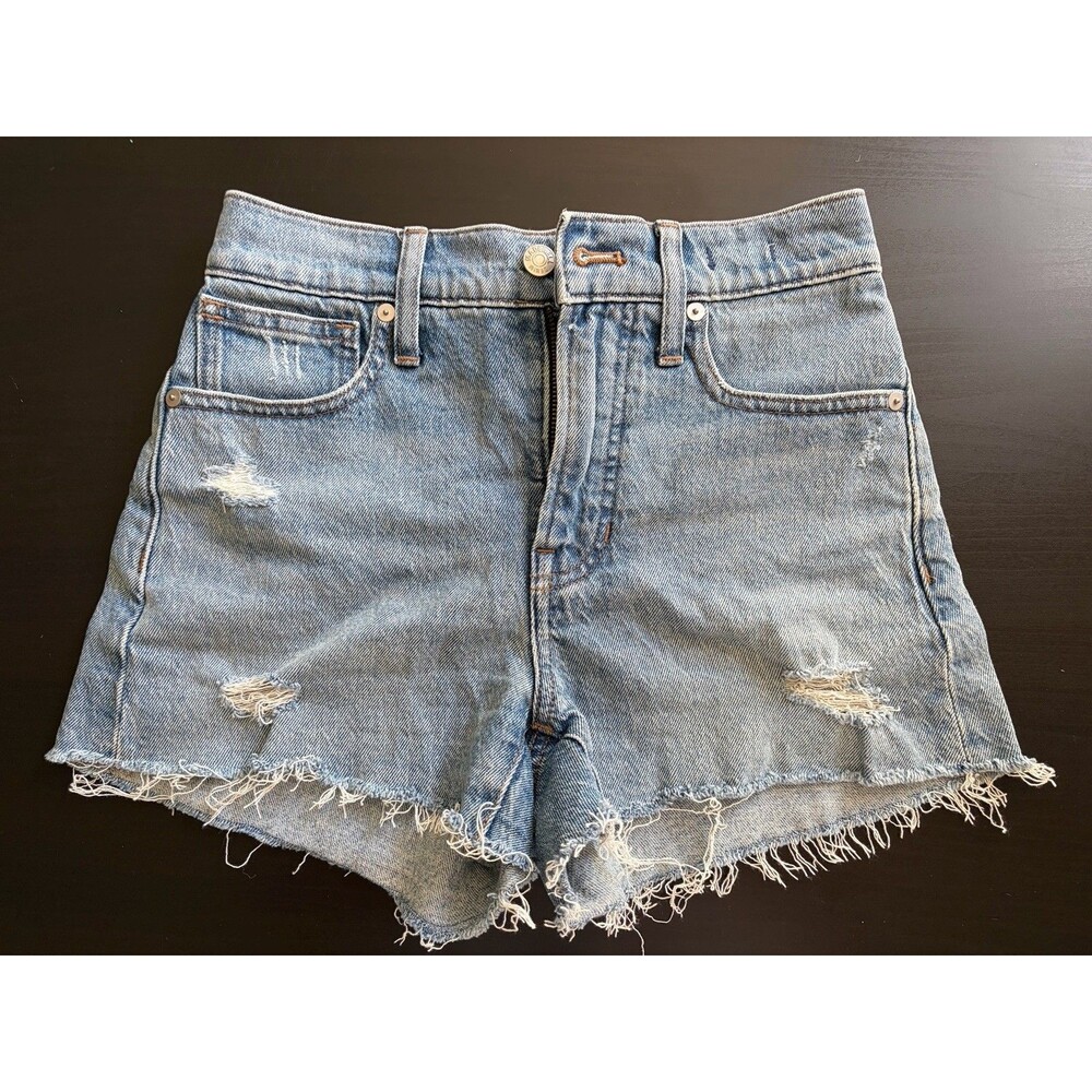Madewell Perfect Jean Shorts 24 XS Distressed Raw Hem Blue Denim Cutoffs EUC